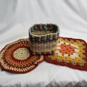 Vintage Crochet Hot Pads/Trivets & Handcrafted Jute Basket
